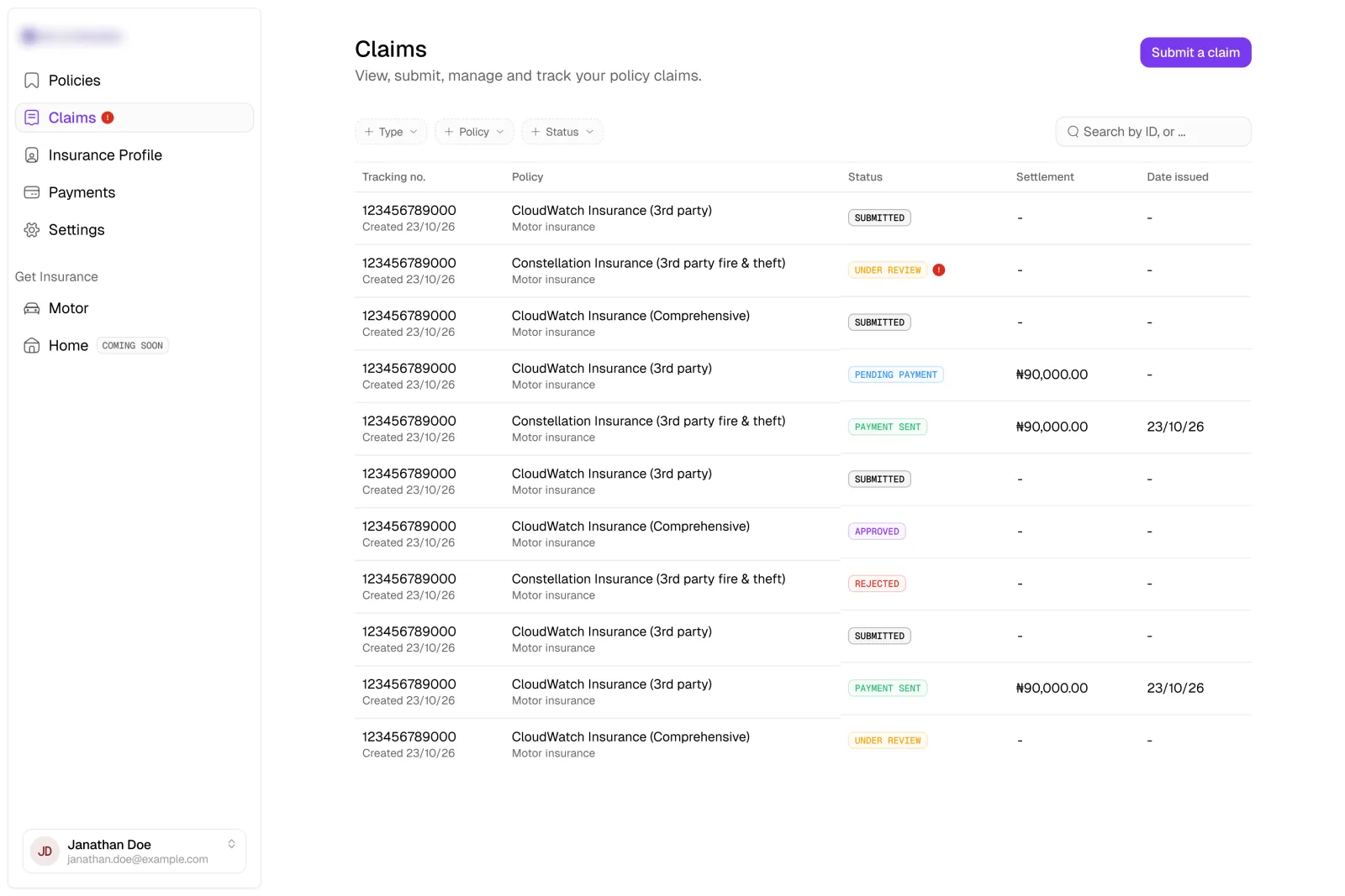 The claims table leading with status and the settlement amount