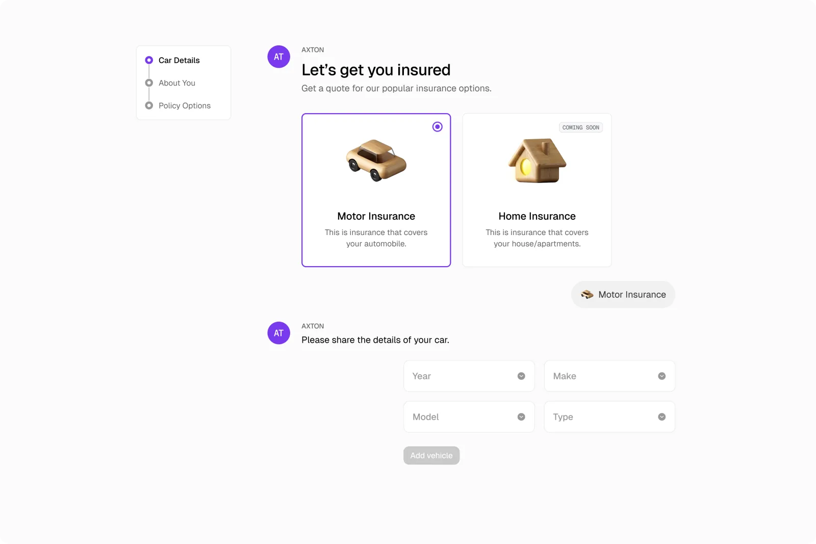 Car details appear once the insurance type is chosen