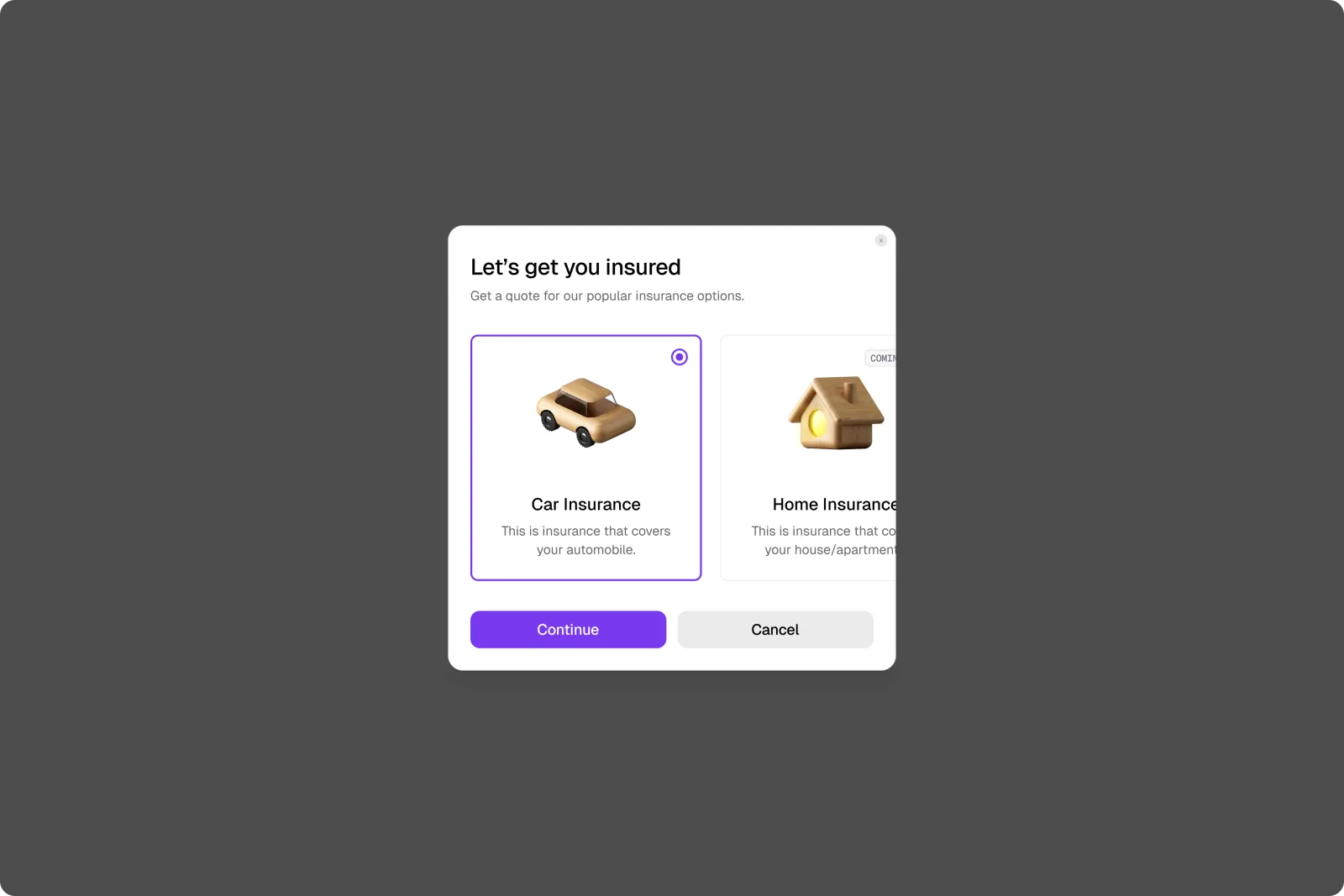 The guided modal that opens onboarding, choosing an insurance type