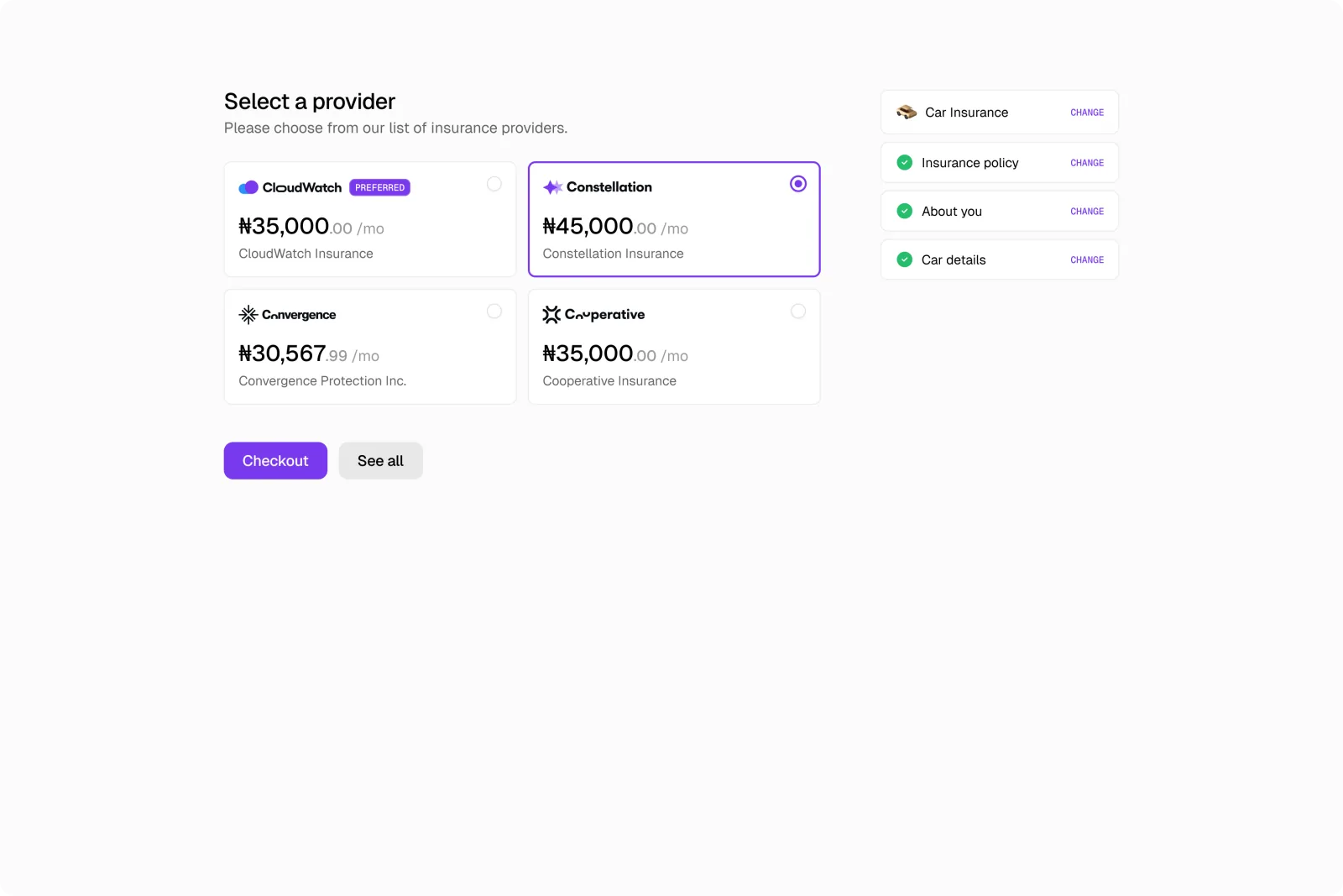 A form step, with fields shown as they become relevant