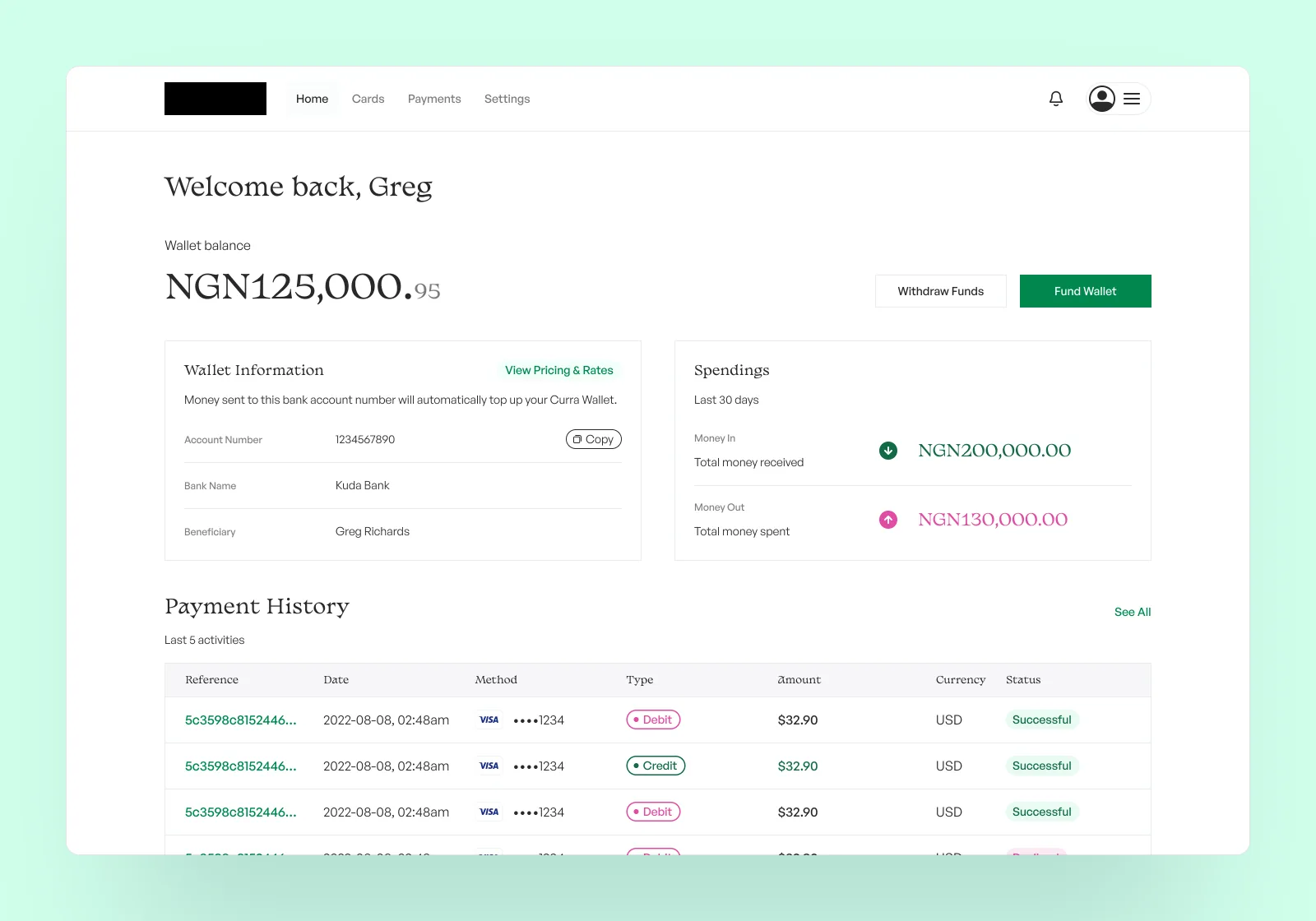 Wallet dashboard